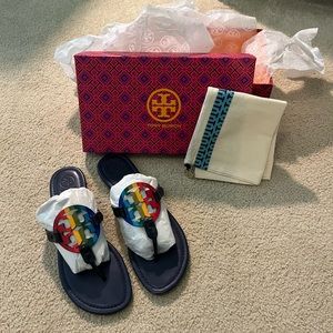 NEW Tory Burch bright rainbow/royal navy sandals